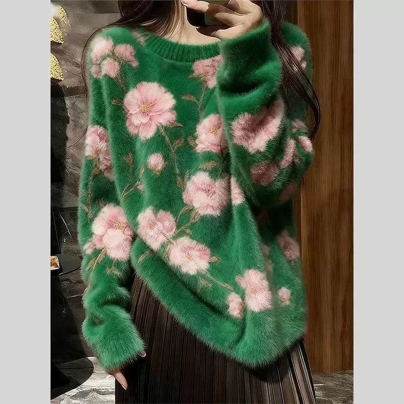 2026 Damen Grüner Flauschiger Blumen-Strickpullover Rundhals Langarm Pullover Eleganter Frühling Herbst Damen Mode-Pullover