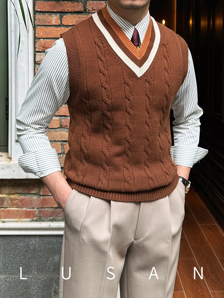 High-End Petty Woven Sleeveless Vest Autumn and Winter Gentry Vest Man Retro British College Style Bottoming Sweater