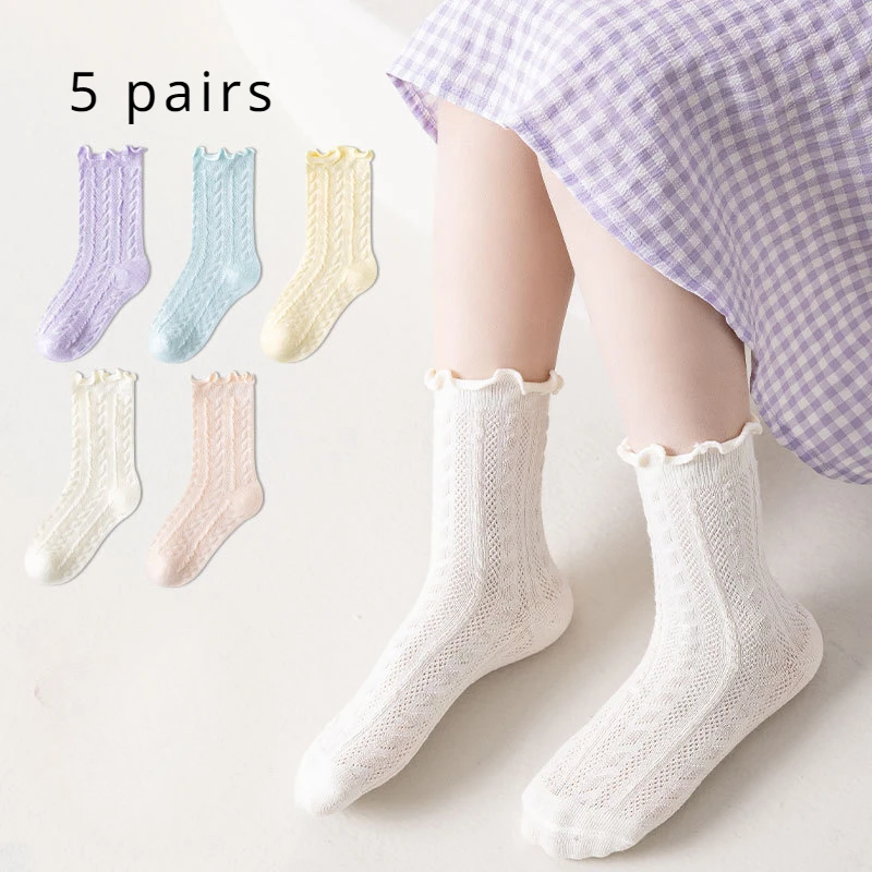 5 Pairs of Girls' Summer Thin Cotton Mesh Ins Series Solid Color Princess Comfort Breathable Mid-tube Socks for Children