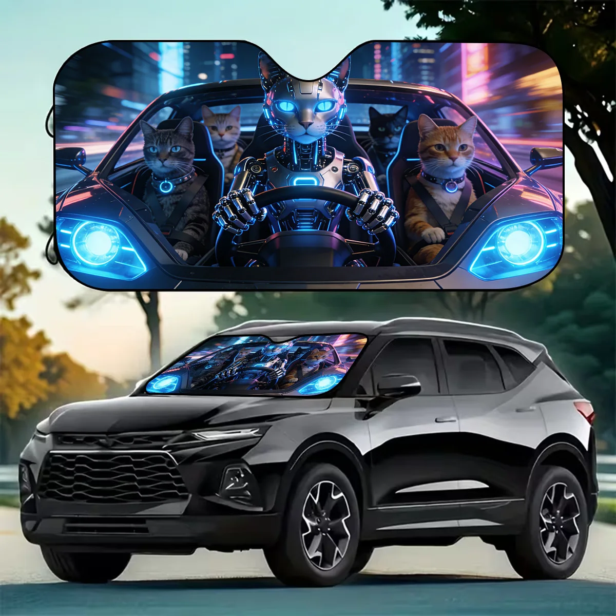 A 1pc Sci-Fi Mechanical Cat Themed Car Sunshade, Foldable For Storage, Protects And Keeps The Car Cool, Easy To Install With Suc