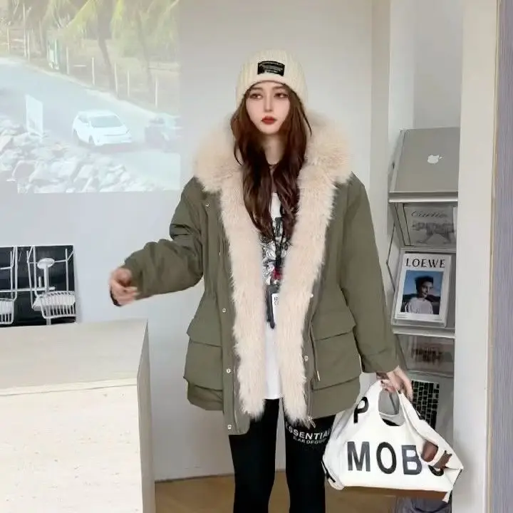 Winter New Women's Down Cotton Jacket Hooded Commuting Fake Fur Parka Workwear Cotton Jacket