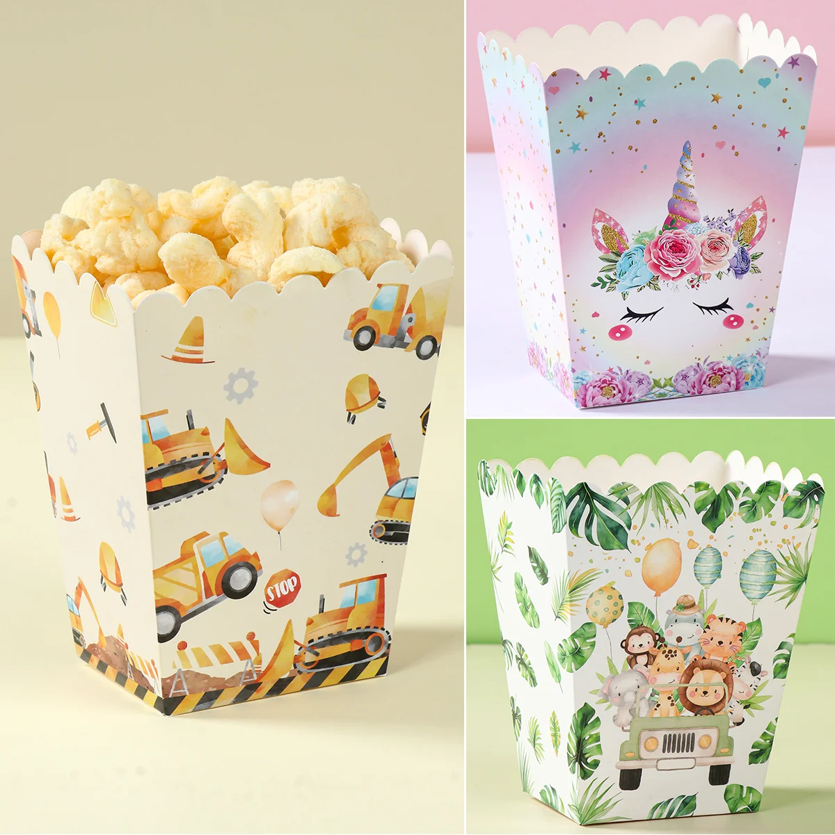 Jungle Animal Popcorn Boxes Safari Construction Theme Birthday Party Decoration Baby Shower Unicorn Candy Box Gift Packaging Bag