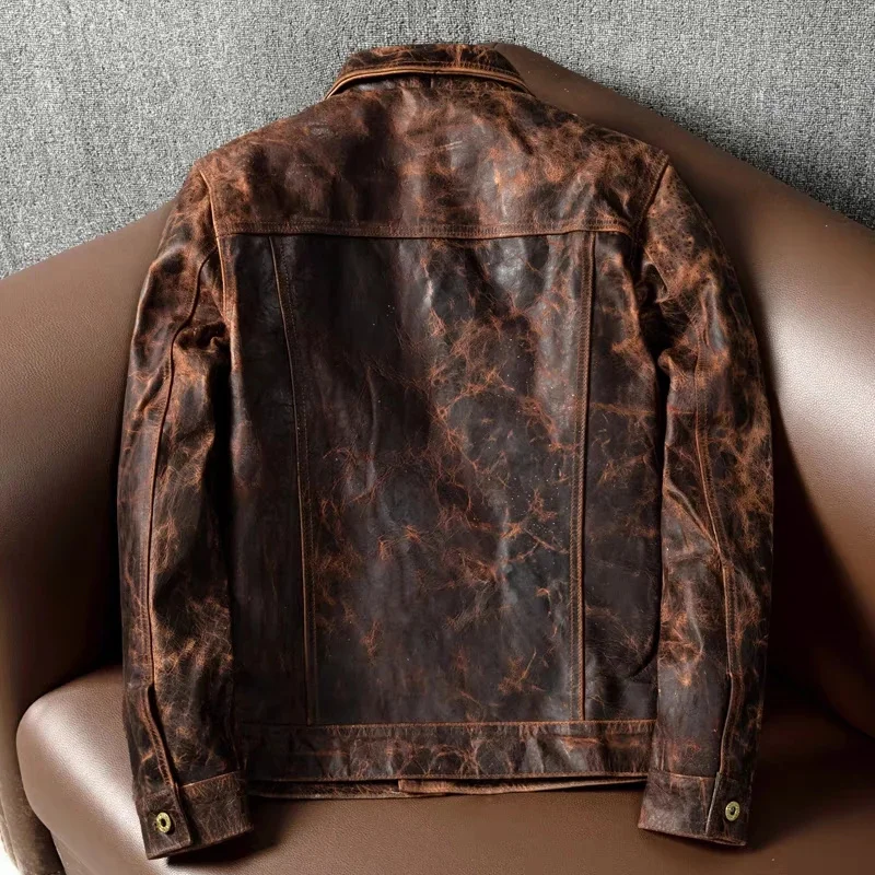 New Style Heavy Oil Wax Top Layer Tea Core Horse Leather Short Section Slim Men's Genuine Jacket Retro Coat