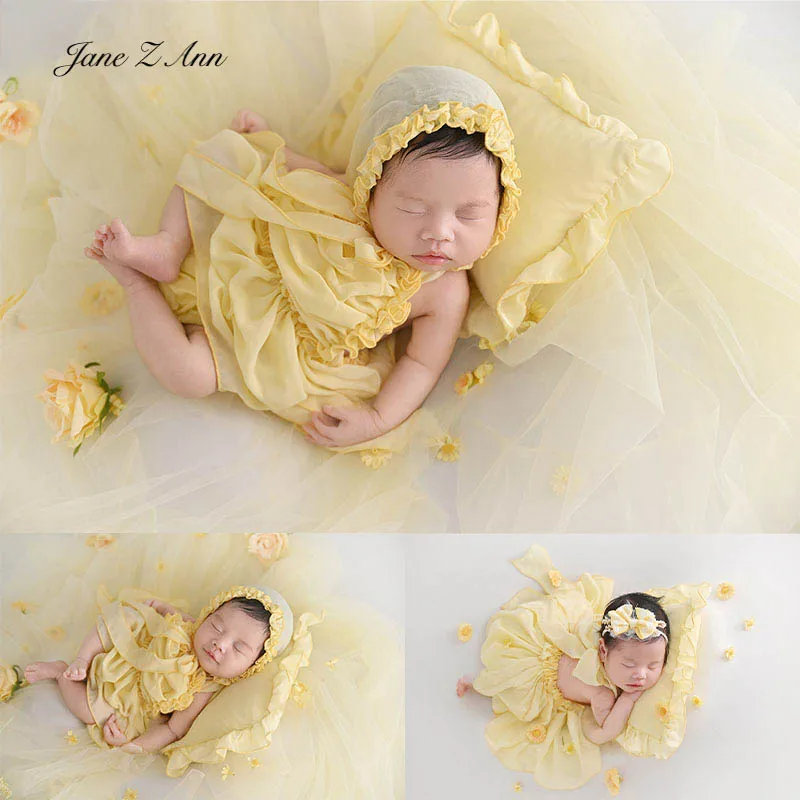 

Newborn baby girl princess costume bow headwear lace bonnet yellow dress pillow studio shooting accessories