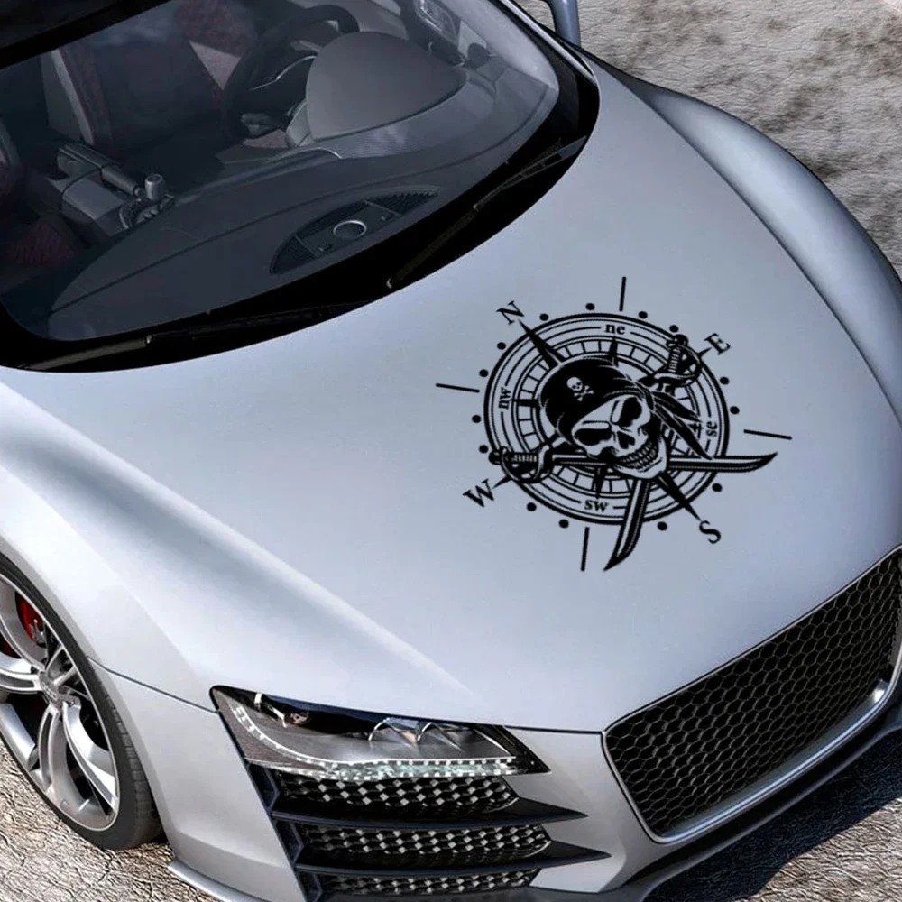 

1PC Pirate Compass Skull Vinyl Decal Car Sticker Self Adhesive Car Engine Hood Cover Sticker Car Exterior Decoration Accessories