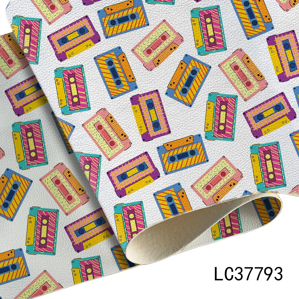 Retro Cassette Tape Style Pattern Semi PU Faux Leather Vinyl Fabric Hair Bow Wristband Badge Phone Case Wallet Handmade Gift