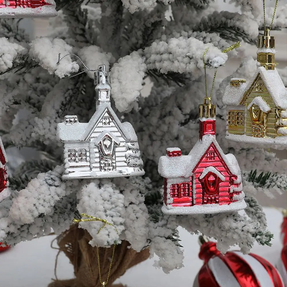 4pcs Cartoon Christmas Painted Snow House Pendant DIY Elegant Electroplated Hanging Balls Plastic Xmas Tree Pendants