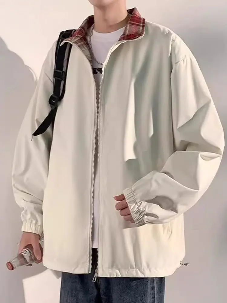 

TUCANO Double-Sided Wear Stand Collar Casual Loose Men's Jaet Spring Autumn Plaid Outerwear Polyester Fiber Long Sve