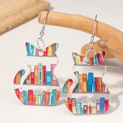 Pendientes acrílicos coloridos con estampado de estantería para mujer y niña, aretes colgantes de gato para amantes de los libros, regalos de joyería, novedad