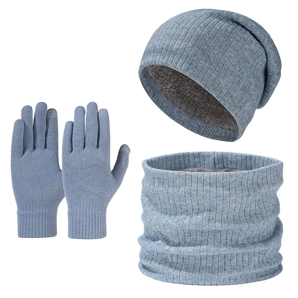 3Pcs/Set Winter Warm Knitted Hat Scarf Touchscreen Gloves Set Outdoor Riding Hat Beanies Neck Protection Scarf Cap