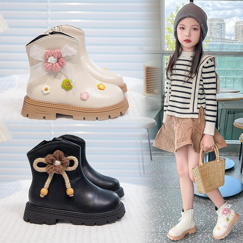 Girls Ankle Boots with Cute Flower 2025 New Autumn Winter Kids Thermal Boots Non-slip Breathable School Shoes for Girls Boots