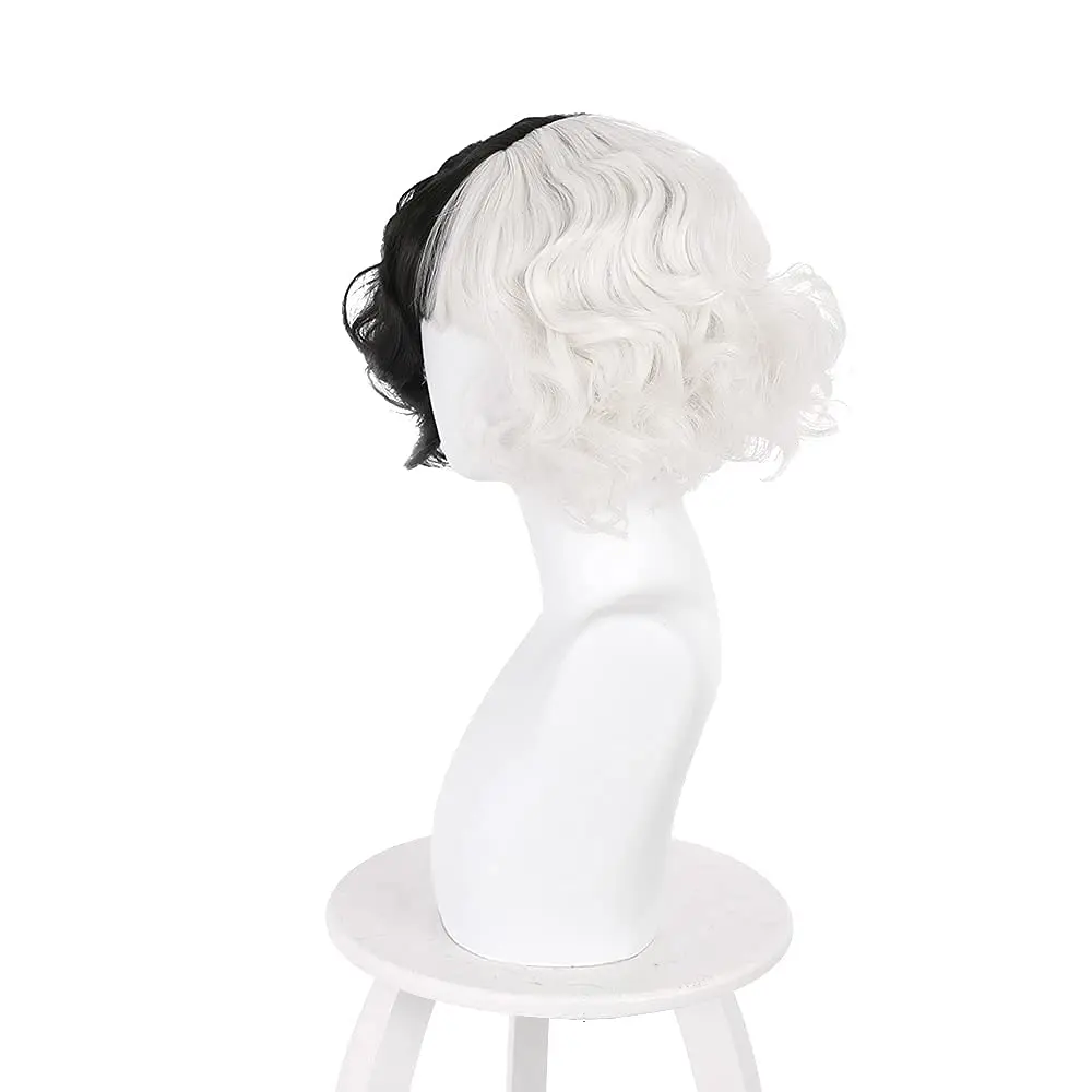 Cruella deVil Cosplay Perruque de Costume, Cheveux Synthétiques Noir et Blanc, Degré de Chaleur, Plis, Jeu, Halloween, ixde Noël