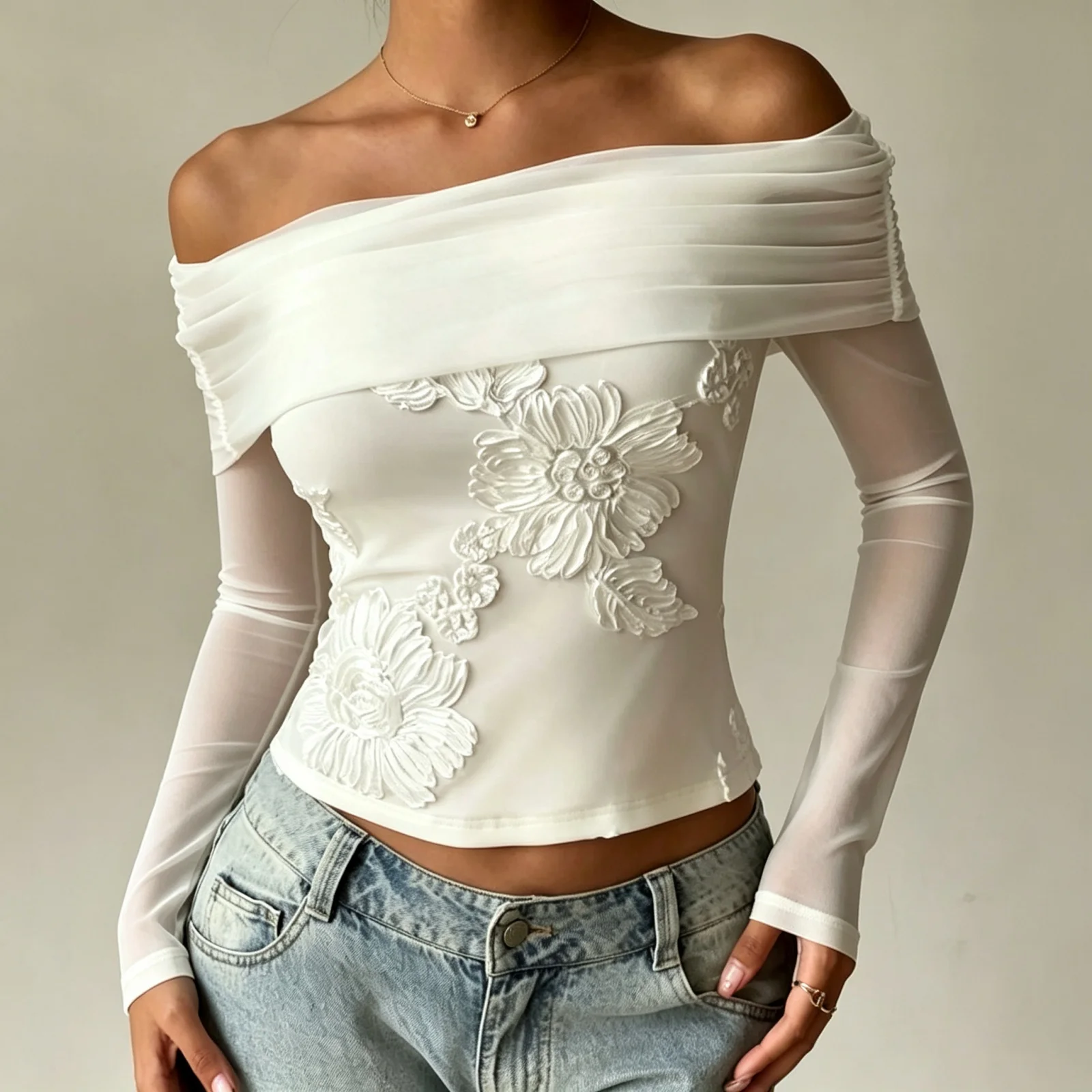Sexy Slim Fit Long Sleeve Mesh One Shoulder Top for Women Breathable Polyester Summer Fashion Party Travel Casual Date Wear