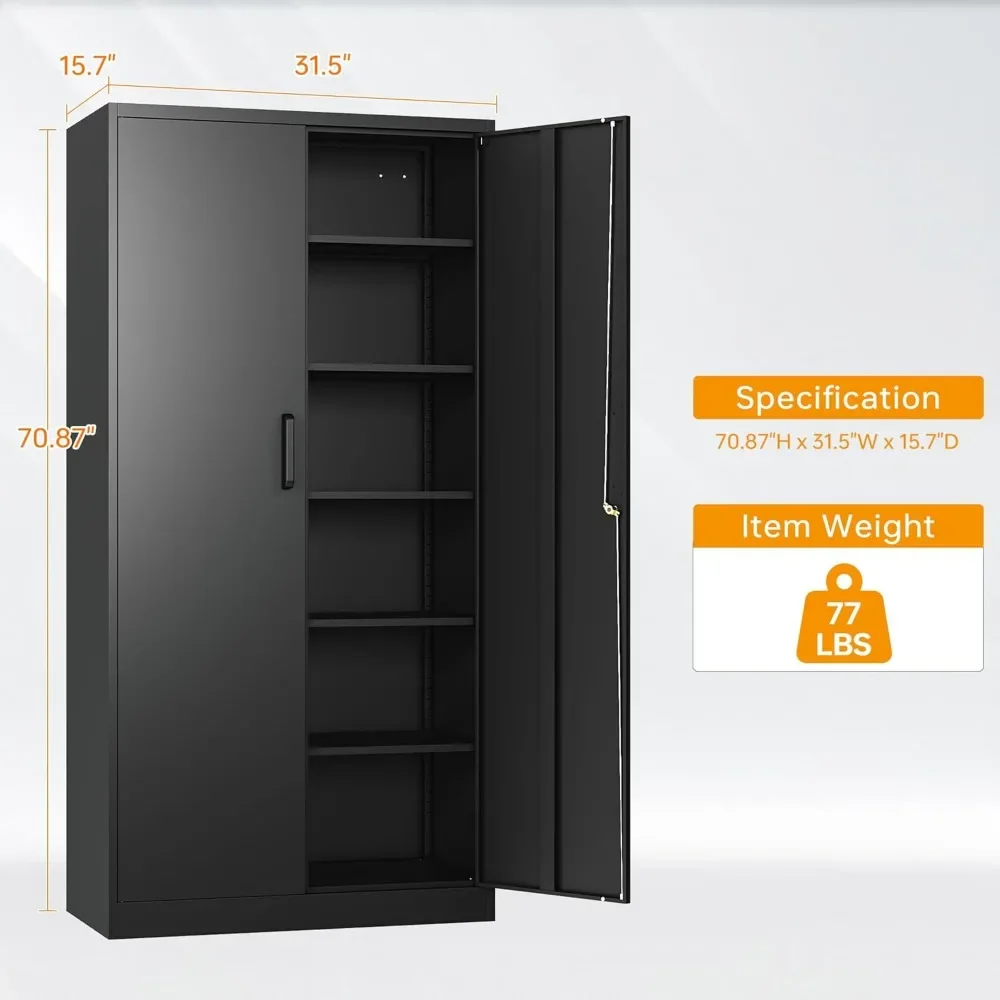 Locking Steel Storage Cabinet with 5 Adjustable Sh，Metal Garage Storage Cabinet with Lock, 71 Steel Lockable File Cabinet