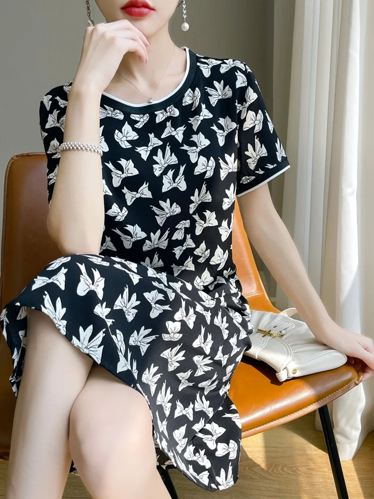 Été imprimé fleuri Midi Dr femmes taille ample acétate Satin ort Sve jupe tube droite coréen Sle rond Ne T-S...