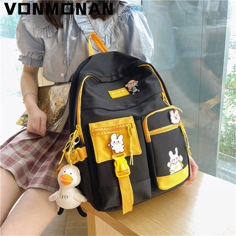 2024 New Badge Buckle Backpack Women Waterproof Color Patchwork Rucksack for Teenage Girl School Bag Fancy Student Book