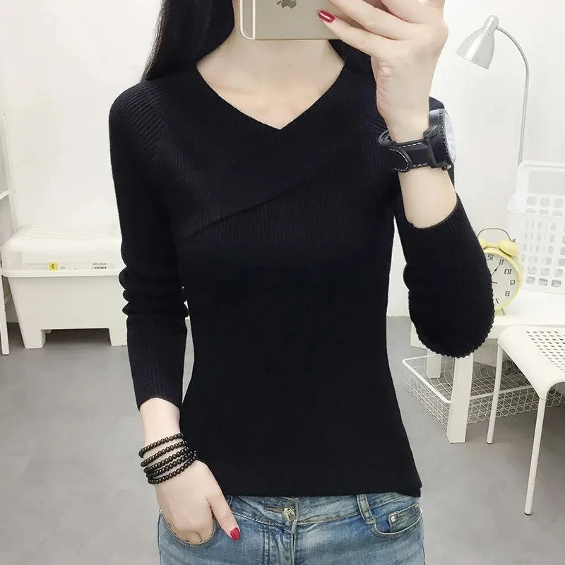 2023 new top V-neck slim-fit tight sweater knitwear women's autumn and winter long-sleeved sweater