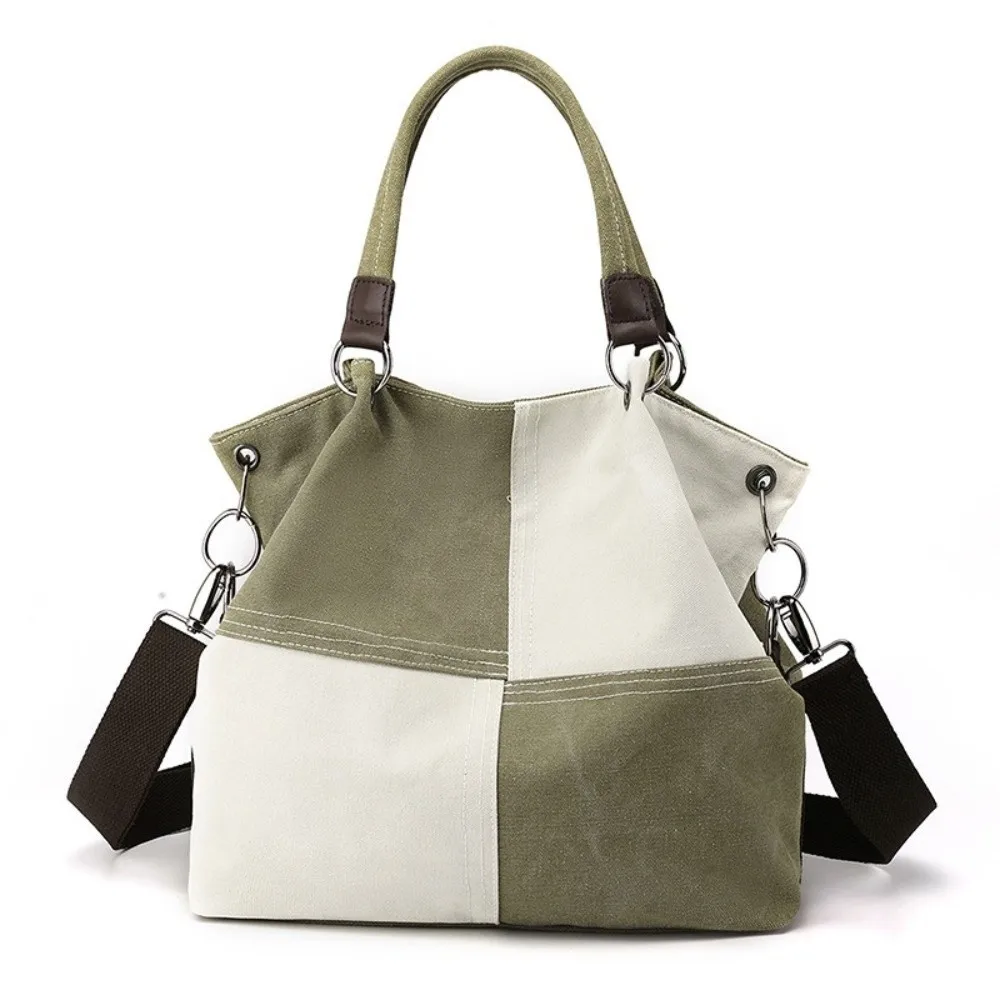 Simple Design Retro Canvas Shoulder Bag Large Capacity Soft Shoulder Crossbody Bag All-match Patchwork Style Color-block Handbag