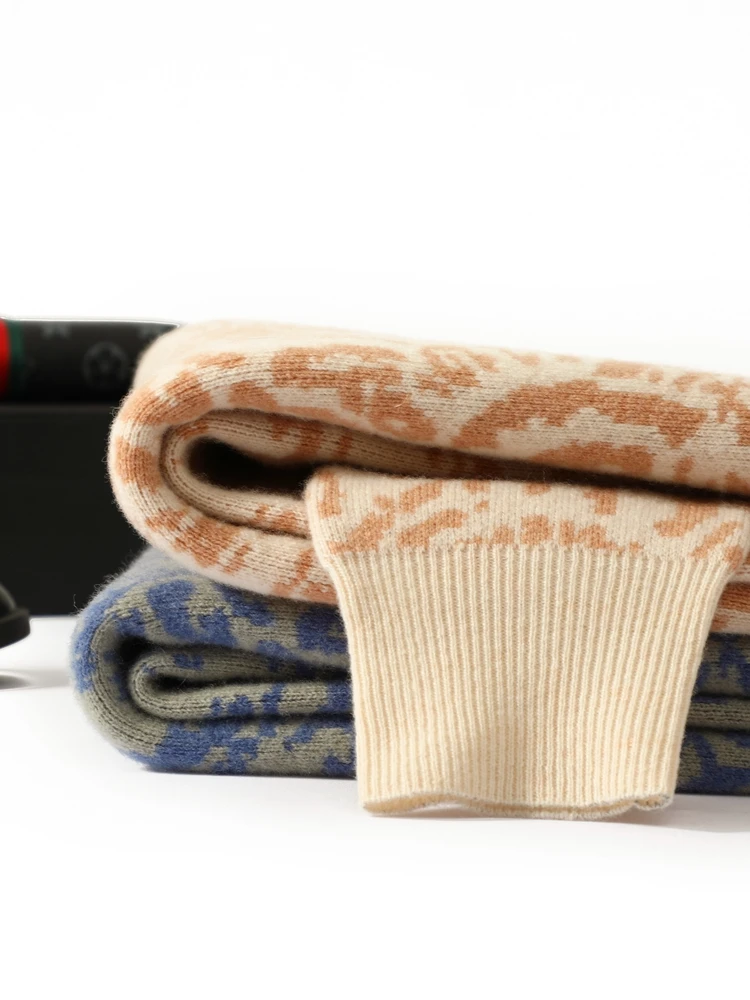 

Man Autumn Winter Jacquard 100% Merino Wool Knitwear O-Neck Pullover Patterned Sweater Comfortable Retro Casual Male Clothes Top