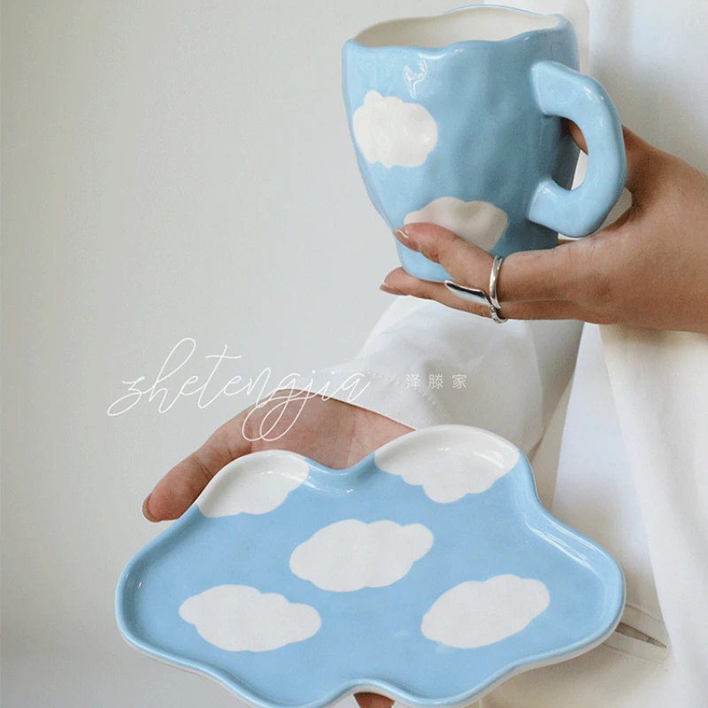 

Korean Ceramic Hand-painted Blue Sky White Cloud Coffee Cup Saucer High Appearance Level Lovely Water Cup