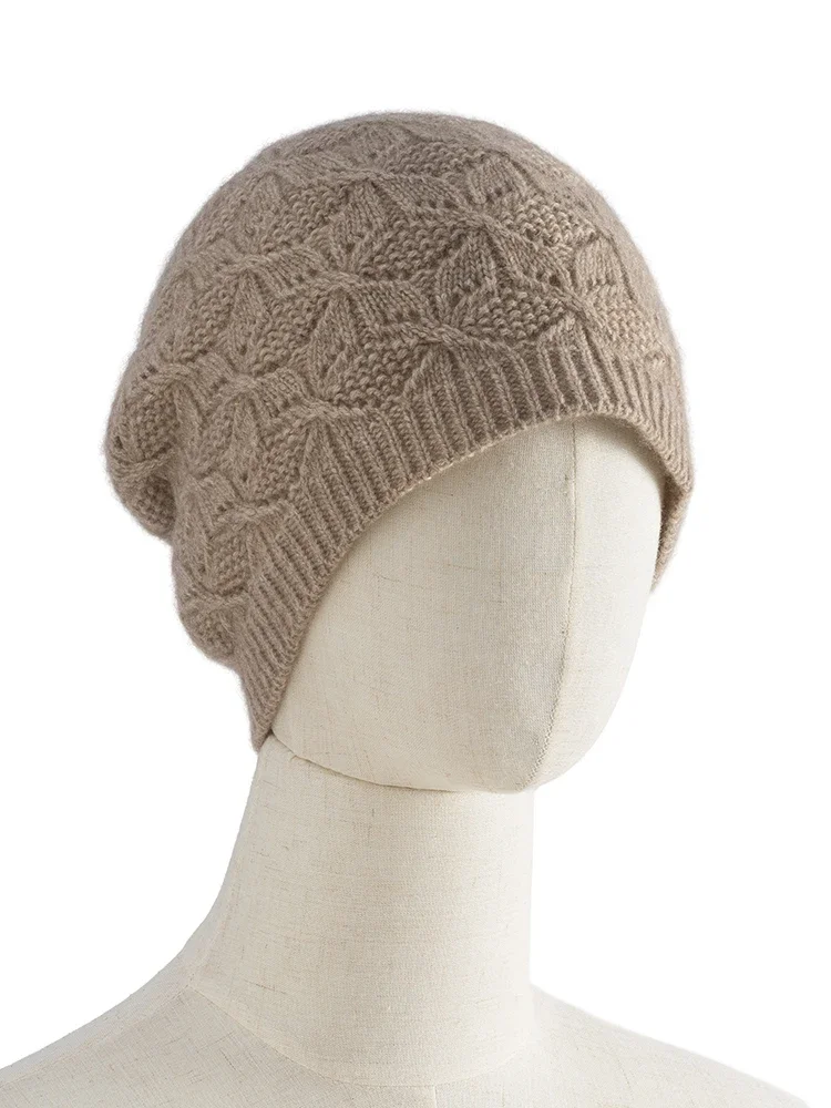 Women 35% Cashmere 65% Wool Beanie Hat Openwork Warm Hat Fall Winter Hollowed-out Knitted Flower Patterns Bonnet Natural Fabric