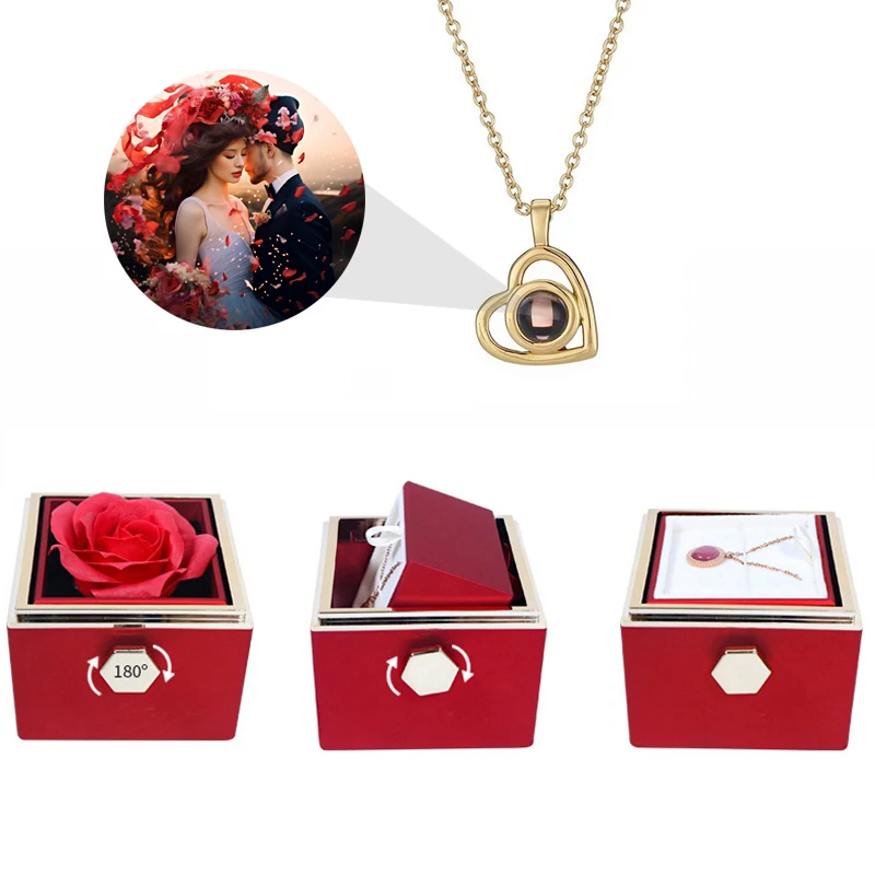 

Custom Color Photo Projection Necklace With Rotating Rose Gift Box Heart Pendant For Women Stainless Steel Chain 2025 Jewelry