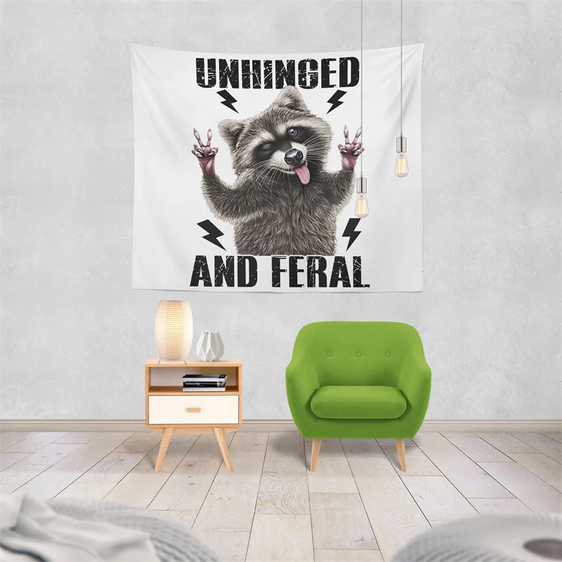 Gaslight Gatekeep Girlboss Unhinged and Feral Raccoon Funny Meme Gen Z Tapestry Wall Hanging Art for Bedroom Living Room Decor