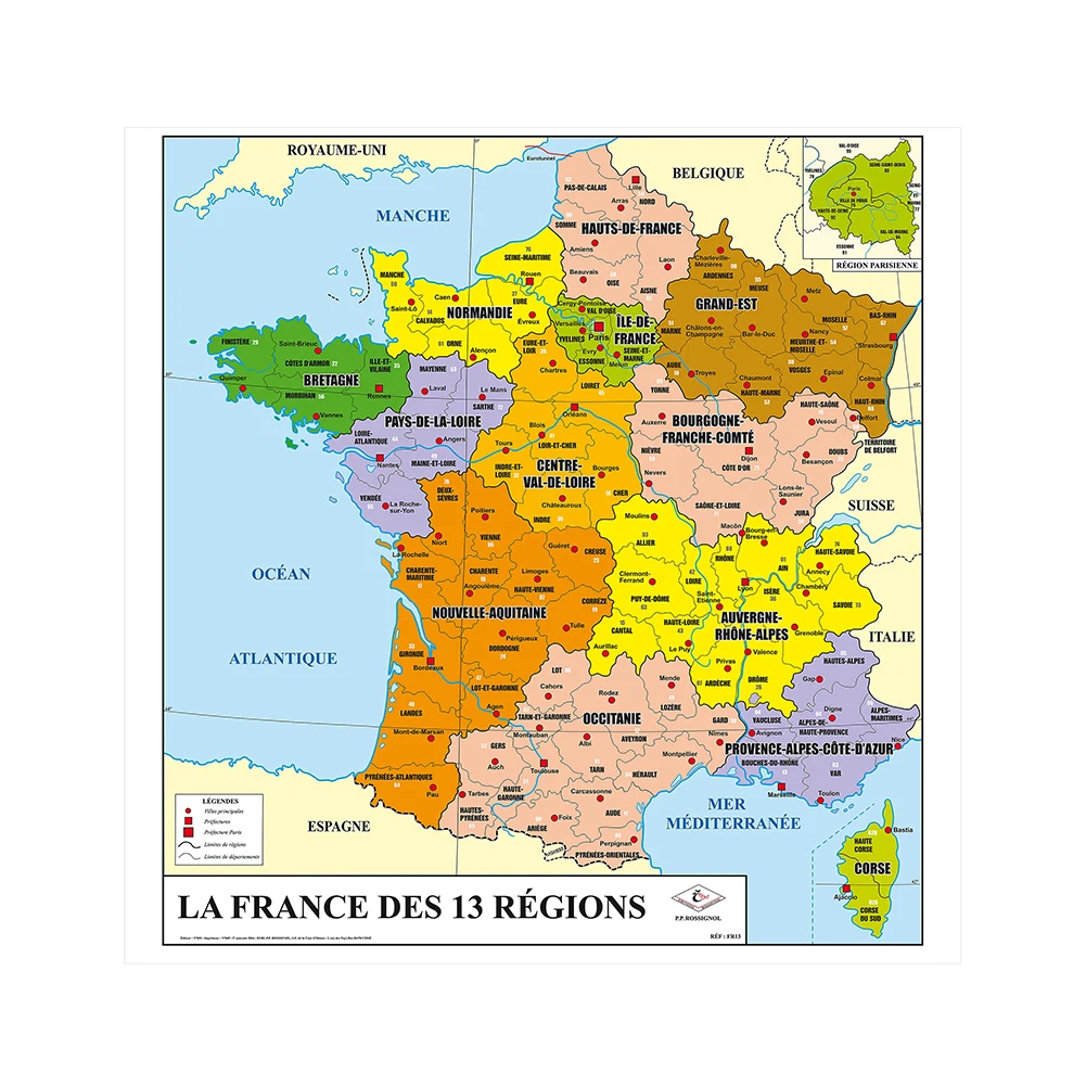 Imagem -02 - França Mapa em Francês Vinyl Wall Poster Pintura Non-woven Canvas Classroom Home Decoração Escola e Material de Escritório 150x150cm a