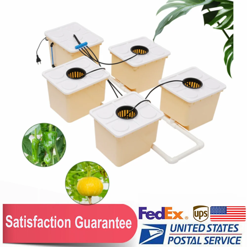 

Hydroponics Drip Growing System 5 Sites Dutch Buckets with Lids and Submerged Pump Germination Box and Aeroponic Propagation Kit