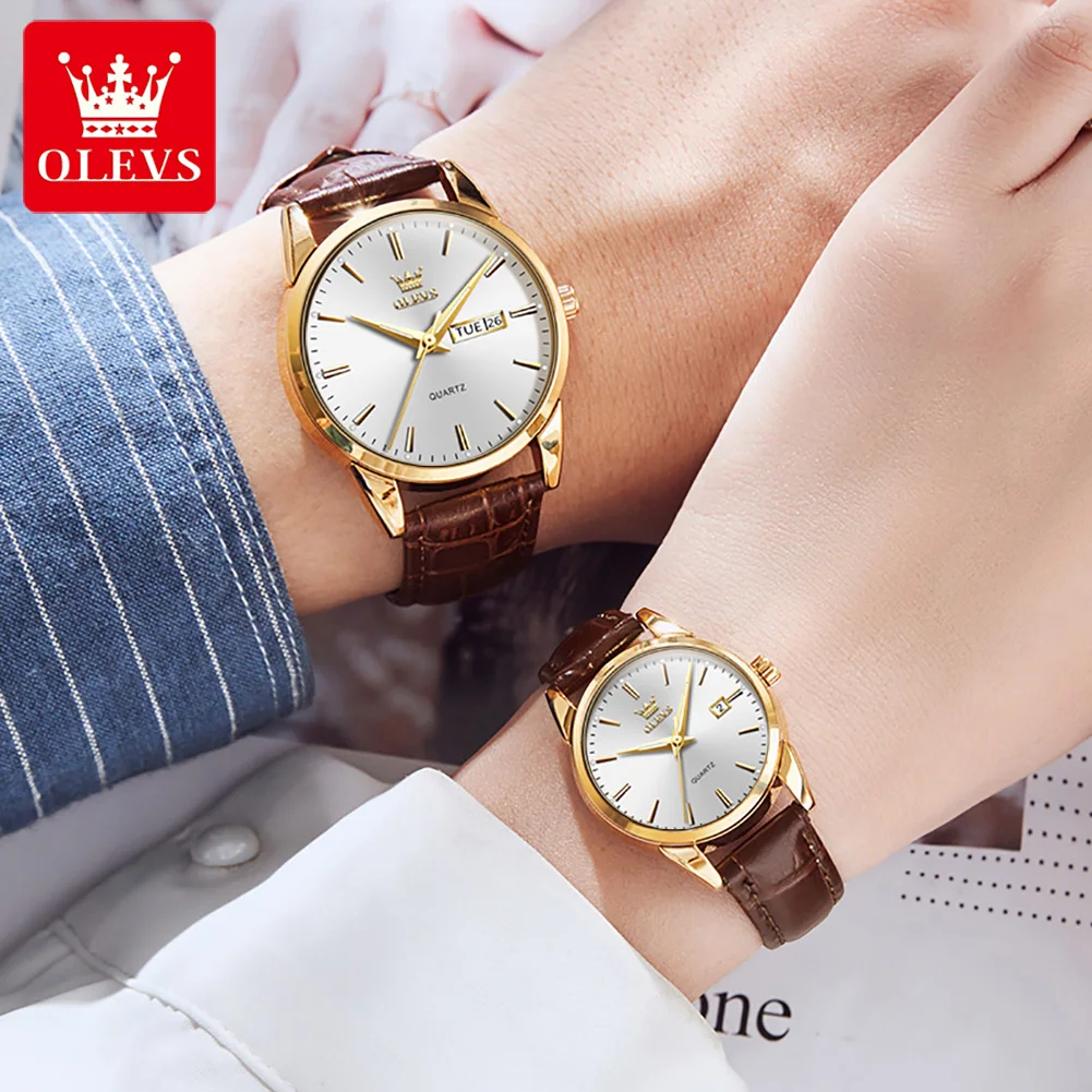 OLEVS Couple Watch Top Luxury Brand Quartz Watch Glow Waterproof Leather Fashion Watch Strap for Men and Women Couple Watch