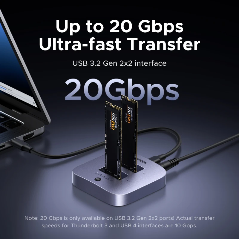 신제품! UGREEN USB 3.2 20Gbps M.2 SSD 도킹 스테이션 듀얼 베이 M.2 NVMe SSD 디스크 케이스 HDD 박스 도크 4TB 저장 지원