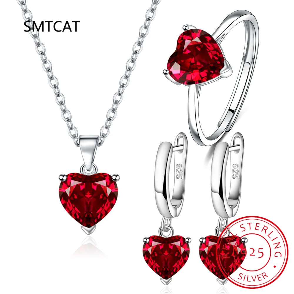

Heart Natural Garnet Citrine Emerald Blue Topaz 925 Sterling Silver Necklace+Earring+Ring Colorful Gemstone Jewelry Set For Girl