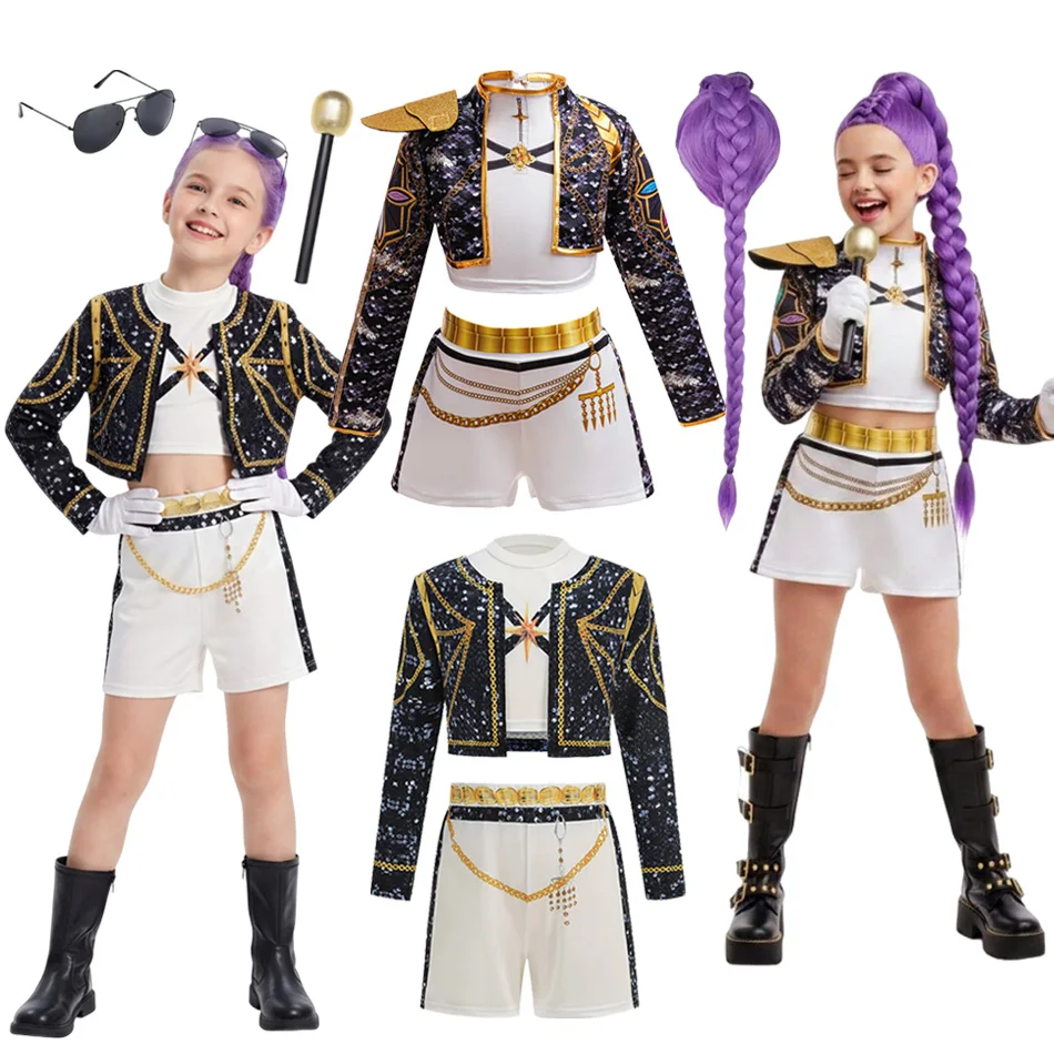 女の子用3点セット-ハロウィンコスプレ-トップジャケット-スカート-ショートパンツ-ヒップホップダンス-ロールプレイ-シンガーショー衣装-ステージパフォーマンスコスチューム