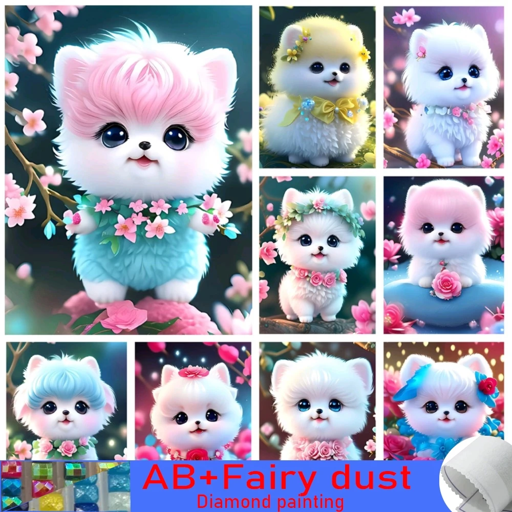 Flower Puppy Diamond Mosaic Cute Cartoon White Pet Dog 120 Colors AB Fairy Dust Diamond Painting Embroidery New Cross Stitch