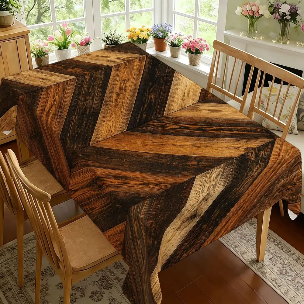 Rustic Geometric Wood Grain Tablecloth, Herringbone Chevron Pattern, Modern Farmhouse Style Table Cover for Dining Room, Kitchen, Holiday Party, Rectangular, Durable Fabric, Decorative Table Setting for Home Decor, Easy Care