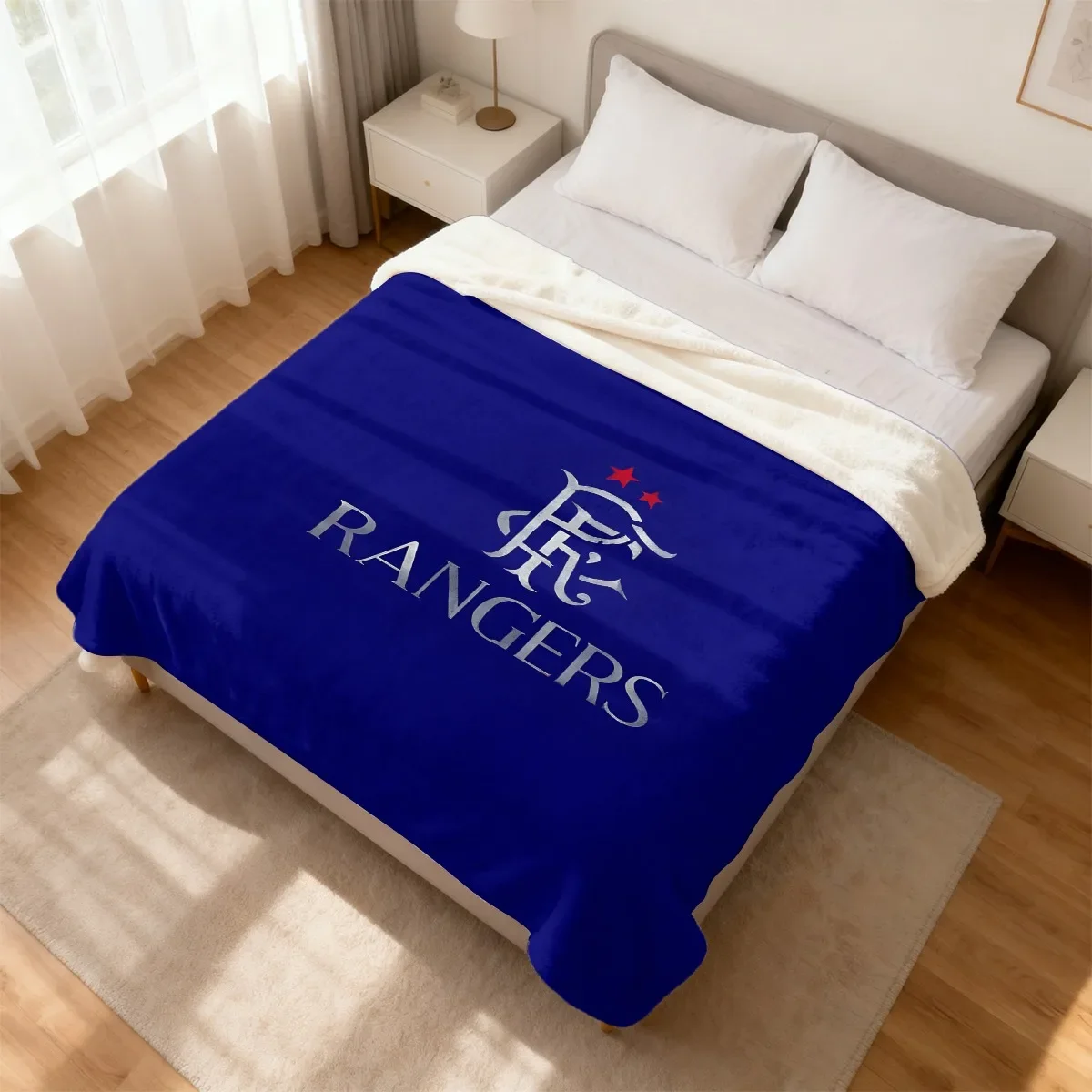 Comfortable Fleece Blanket with Rangers Logo And Red Stars, Blue Background, All-Season Use, Perfect for Sofa Beds, Ideal Gift f