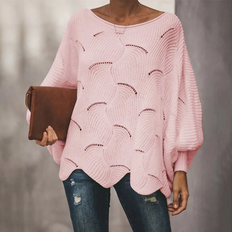 Women's Oversized Batwing Sleeve Crewneck Loose Hollow Knit Pullover Sweater