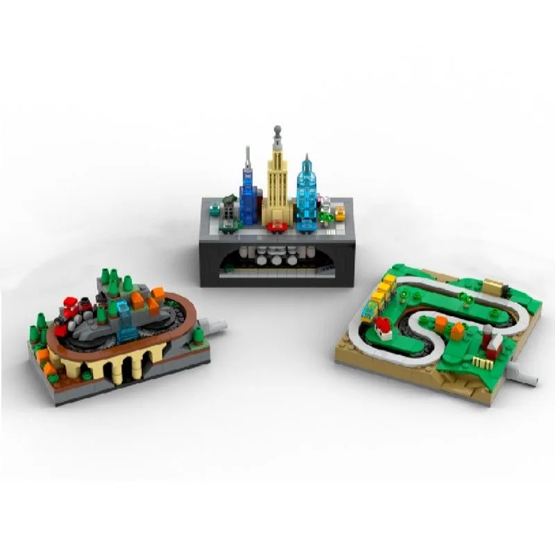 Moc cidade rua vista trem blocos de construção casa loja cena móveis sofá televisão jogo mesa comida tijolos impressos brinquedos presentes