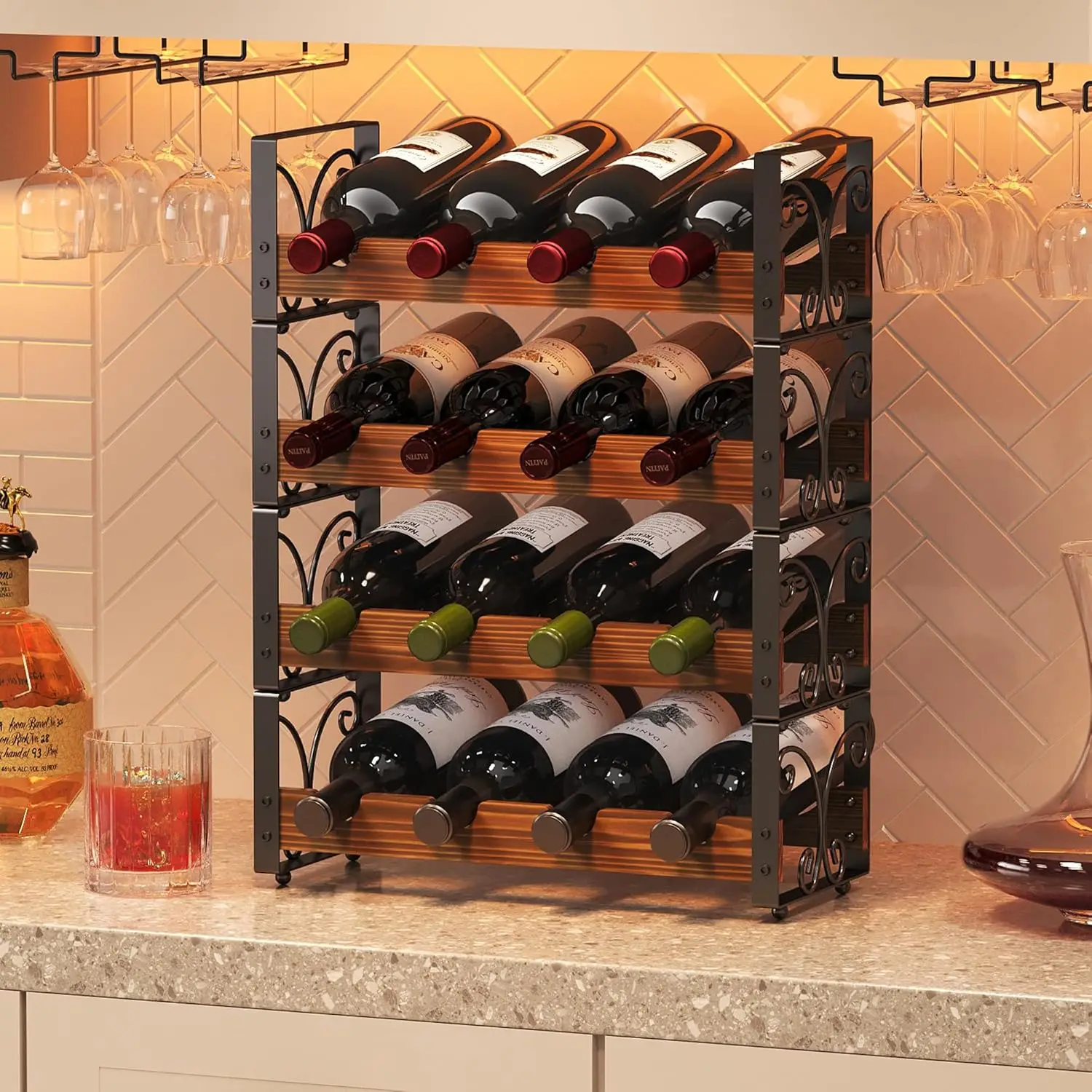

Wine Rack Freestanding Floor with Patent Design, Wooden & Metal Wine Bottle Holder, 4 Tier 16 Bottles Stackable Wine