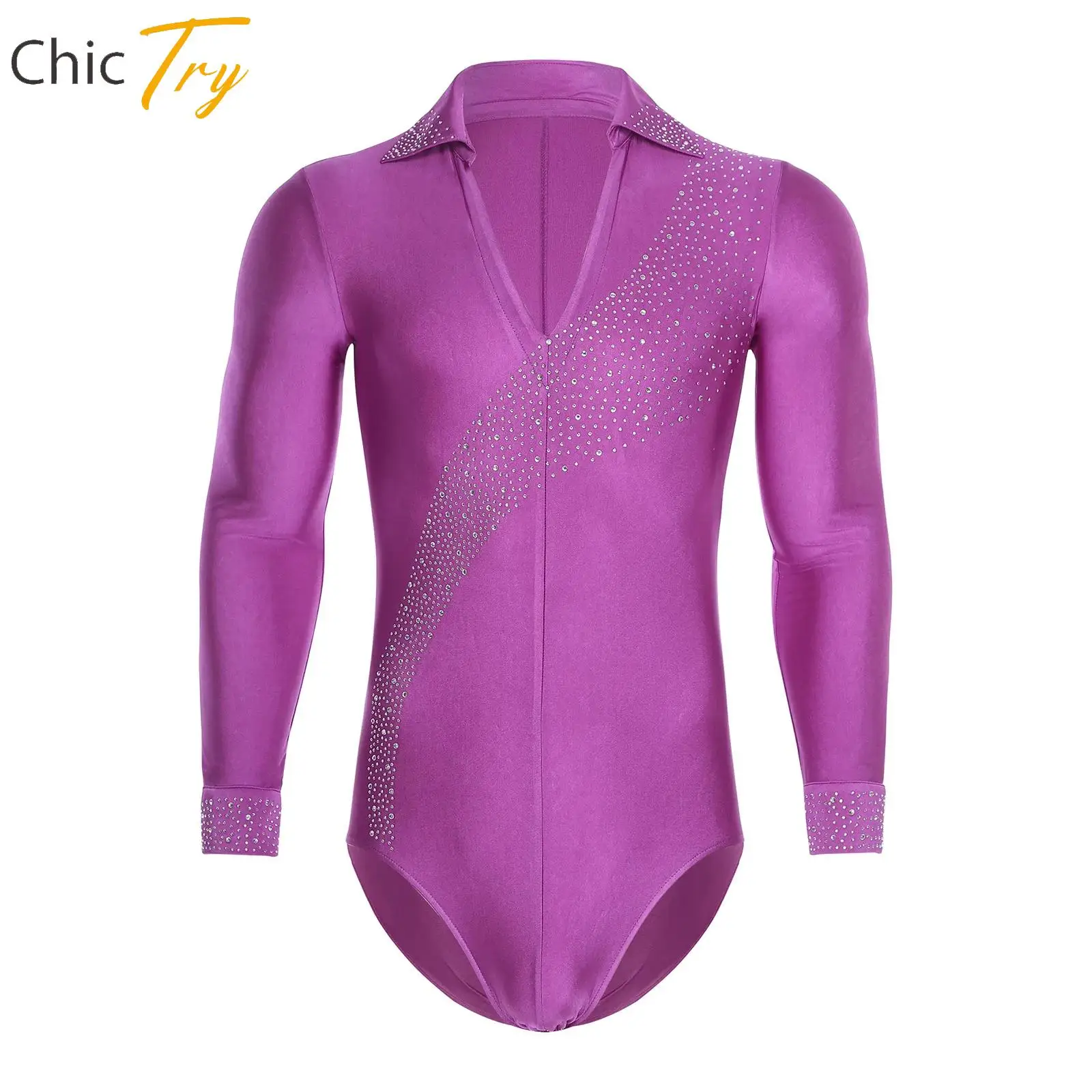 Mens Sparkling Rhinestones Latin Dance Jumpsuit Long Sleeve Bodysuit for Modern Latin Dancing Figure Ice Skating Stage Costumes