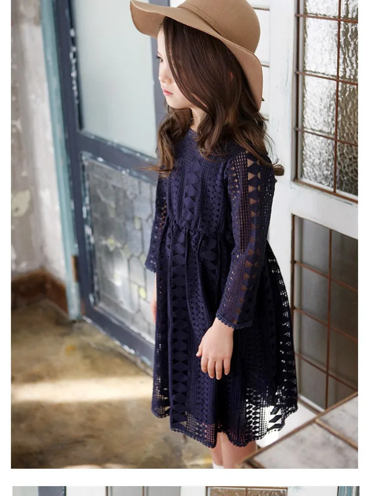 Spring Autumn Girls Lace Dress Long Sleeved Elegant Young Girls Midi Dresses