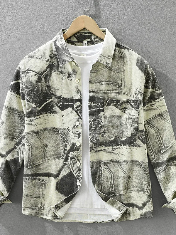 

Trendy Printed Casual Long Sve Cotton irt Men's Loose Fit Sli Autumn New Sle Faionable Outerwear irt Coat