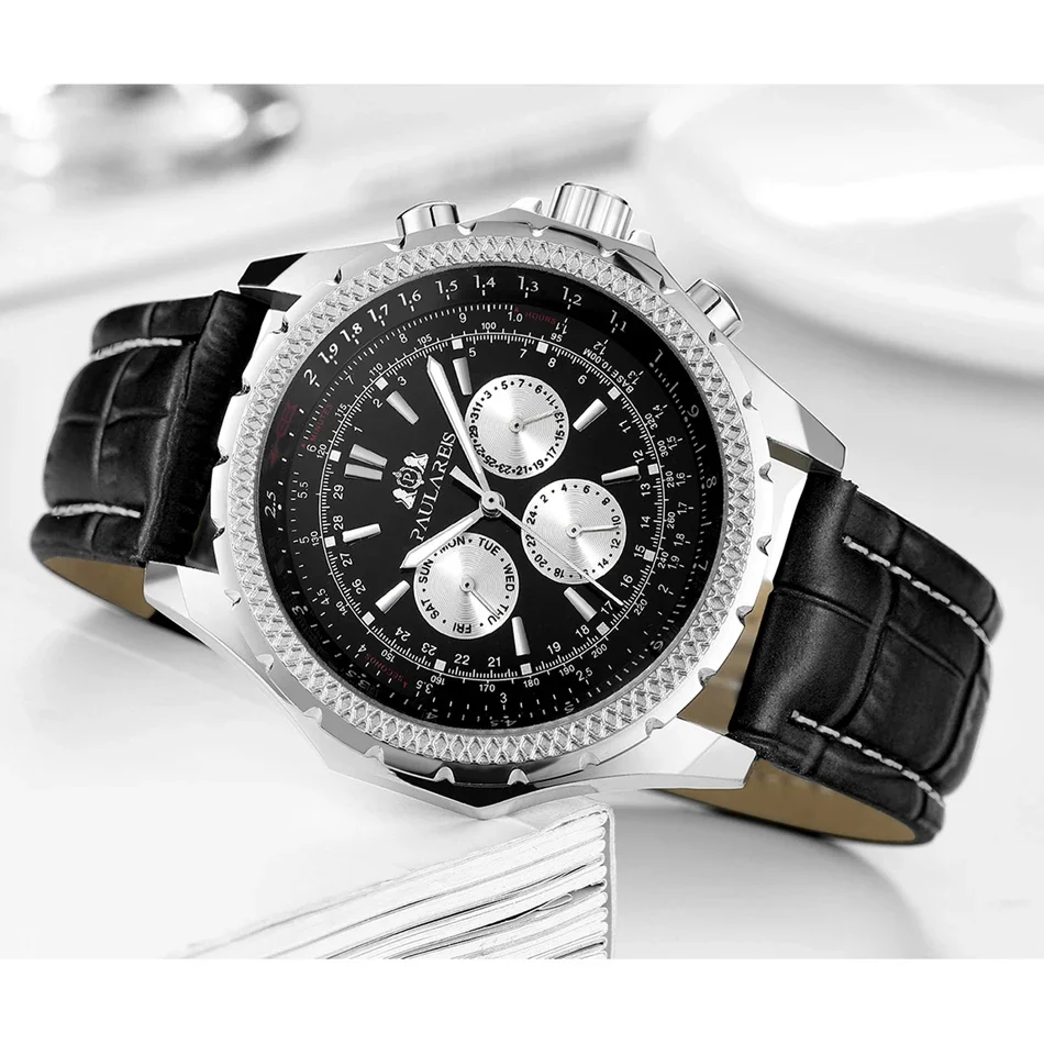 ساعة ميكانيكية أوتوماتيكية بحركة الرياح الذاتية باللون الأسود والبني والأزرق وحزام جلدي أنيق للرجال