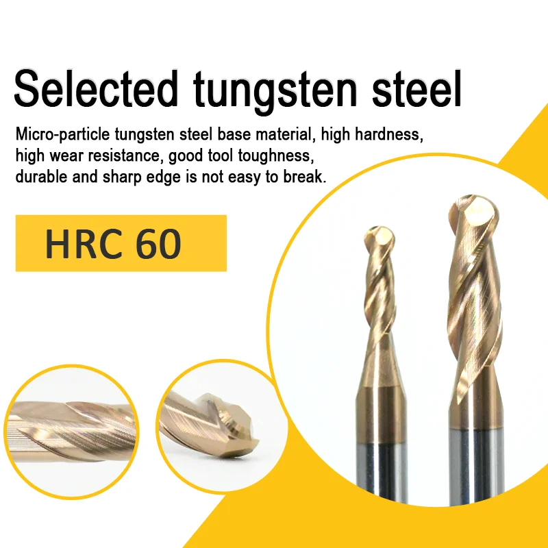 HRC60 2 Flute Ball Nose End Mill tungsten carbide cutter CNC Router Bits Milling Tools for Metal Steel