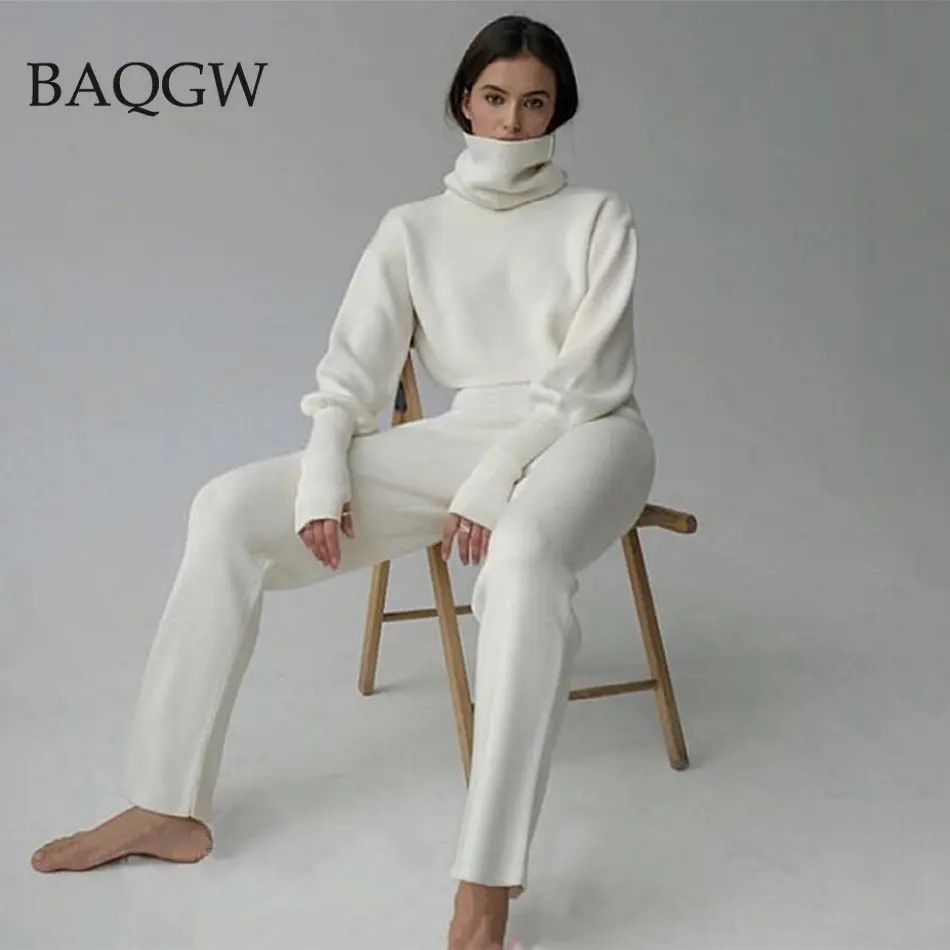 

Turtleneck Sweater Luxury 2 Pieces Set Women Knitted Pullover Top +Sweater Pants Jumper Tops Sweater Suit Winter Warm Outfits