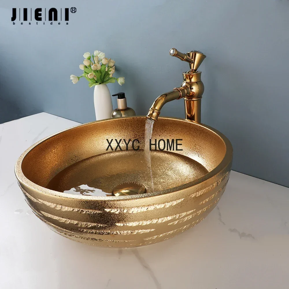 JIENI-lavabo redondo de cerámica dorada para baño, juego de lavabo, incluye grifo dorado, grifos mezcladores de agua fría y-8