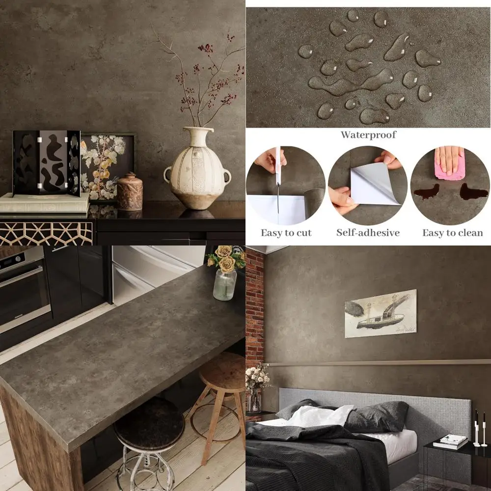 ورق جدران خرساني كبير قابل للتقشير واللصق باللون البني المعدني للجدران - ذاتي اللصق قابل للإزالة مقاس كبير 32 × 354 بوصة