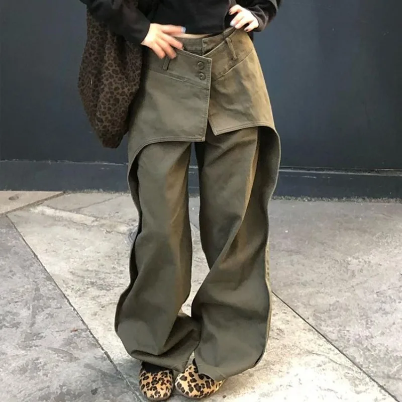 

American-style Plus-size Designed Patchwork Cargo Pants New Style, Spicy Girl Green Fake Two-piece Floor-length Pants