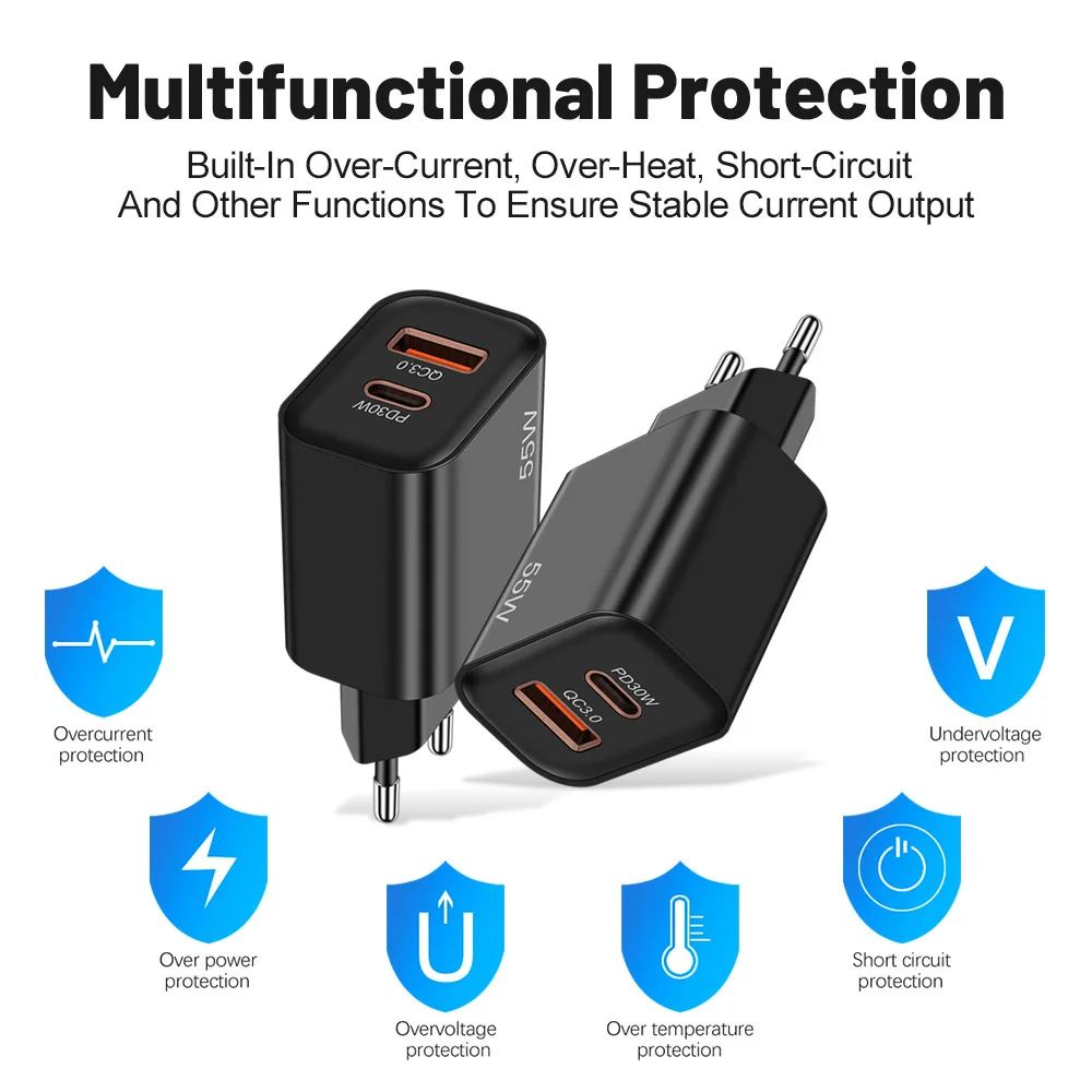 55W USB PD Charger Fast Charge Type C Wall Charger Quick Charge 3.0 Phone Charger Adapter For iPhone 15 14 13 Pro Xiaomi Samsung