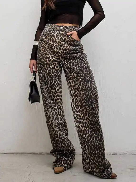 ارتفاع الخصر مستقيم الساق ليوبارد طباعة عارضة السراويل Faion مثير الشارع Sle السراويل الطويلة المرأة عارضة Faion السراويل #1